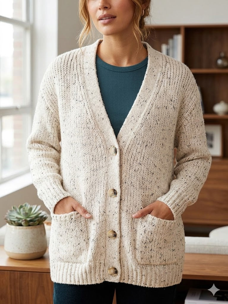 Elegant Solid V-Neck Long Sleeve Knit Cardigan | Chic Loose Fit Female Autumn Sweater Coat | Versatile Single Breasted Casual Top