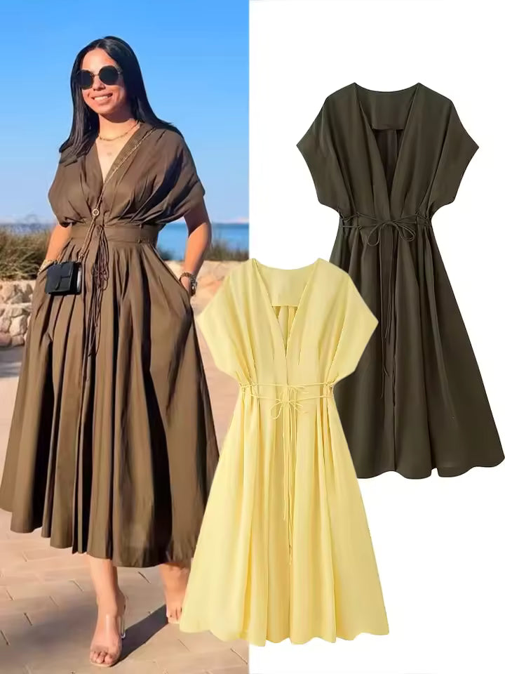Elegant French V-Neck Pleated Midi Dress for Women - Chic Short Sleeve High-Waist Office Lady Work Dress 2026