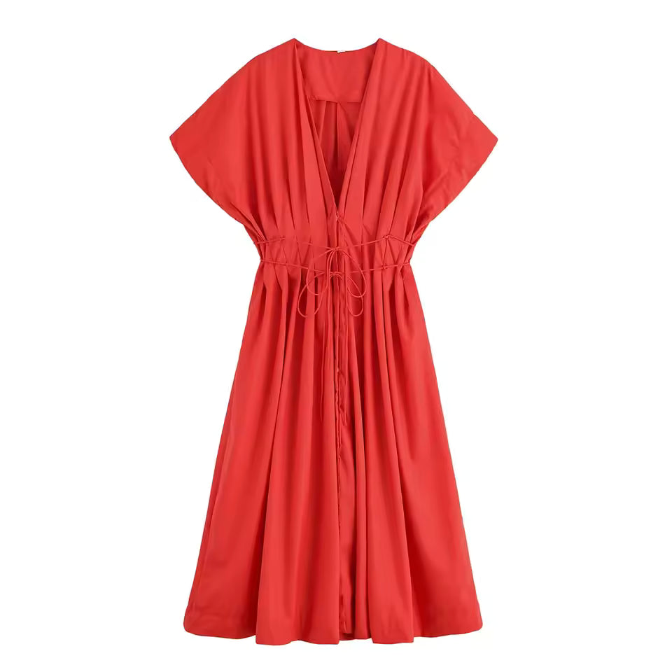 Elegant French V-Neck Pleated Midi Dress for Women - Chic Short Sleeve High-Waist Office Lady Work Dress 2026