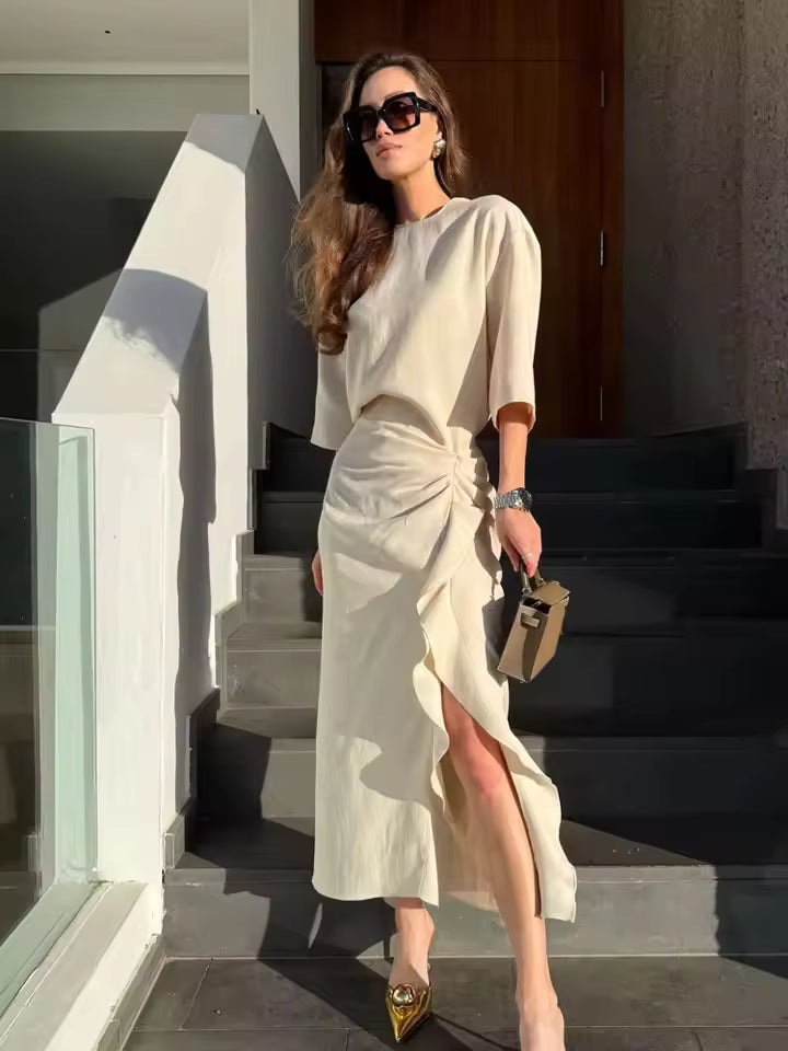 2026 Minimalist Solid Round Neck Pleated Midi Dress - Women's Sexy Slimming Waist Dress with Side Zipper Detail