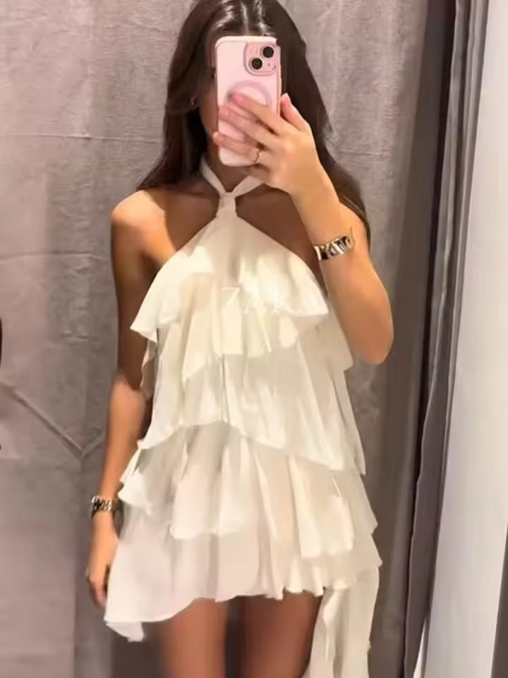 Summer Halter Neck Backless Mini Dress for Women - Sexy Sleeveless Tiered Layered Ruffle Sundress with Zipper - Elegant Solid Color Chic Party Dress