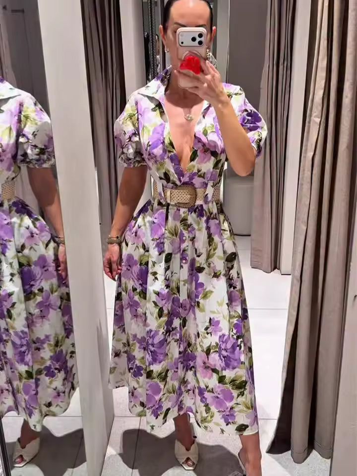 2026 Summer Boho Purple Floral Print Long Dress for Women - Chic Short Sleeve Belted Maxi Dress with Single-Breasted Lapel