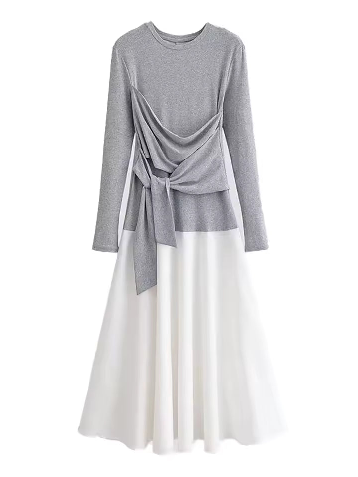 2026 Spring High Street Women's Patchwork Long Dress - Chic Crew Neck Bowknot Detail Long Sleeve Casual Maxi Dress