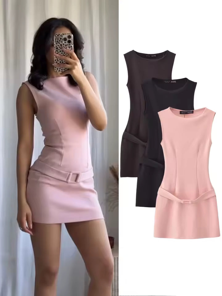 2026 Spring Sleeveless Mini Dress for Women - Round Neck Belted Slim Fit Dress - Elegant Chic Party Sundress in 3 Colors