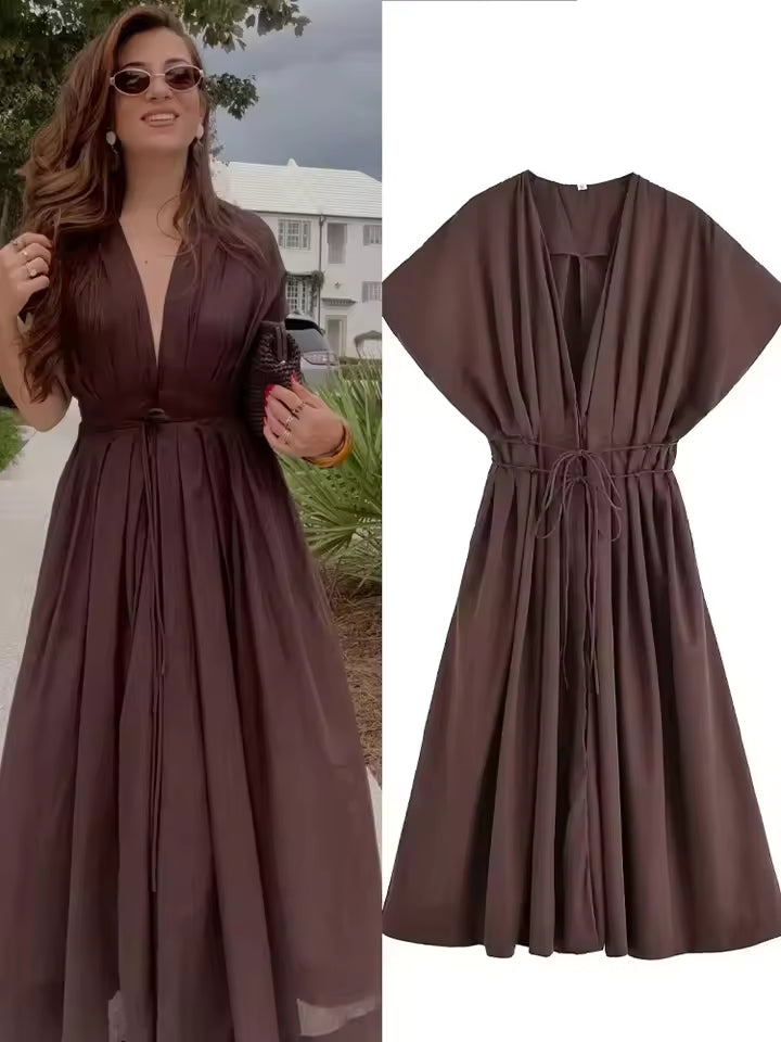 Elegant French V-Neck Pleated Midi Dress for Women - Chic Short Sleeve High-Waist Office Lady Work Dress 2026