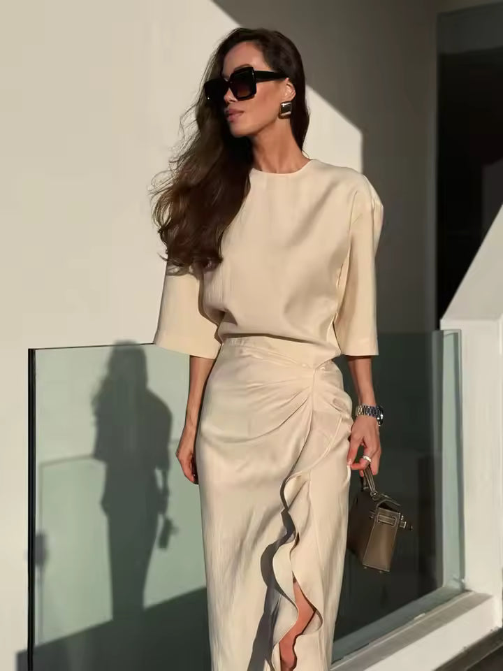 2026 Minimalist Solid Round Neck Pleated Midi Dress - Women's Sexy Slimming Waist Dress with Side Zipper Detail