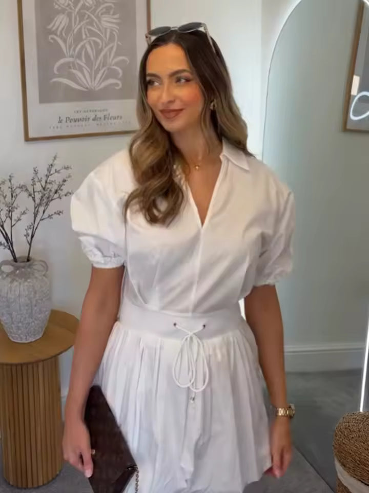 2026 Summer Sweet Lace-Up Waist Mini Dress - Women's Sexy Slimming Short Sleeve Poplin A-Line Skirt for Date Night