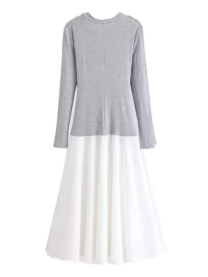 2026 Spring High Street Women's Patchwork Long Dress - Chic Crew Neck Bowknot Detail Long Sleeve Casual Maxi Dress