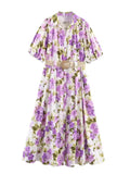 2026 Summer Boho Purple Floral Print Long Dress for Women - Chic Short Sleeve Belted Maxi Dress with Single-Breasted Lapel