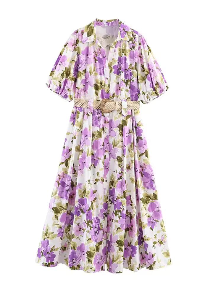 2026 Summer Boho Purple Floral Print Long Dress for Women - Chic Short Sleeve Belted Maxi Dress with Single-Breasted Lapel