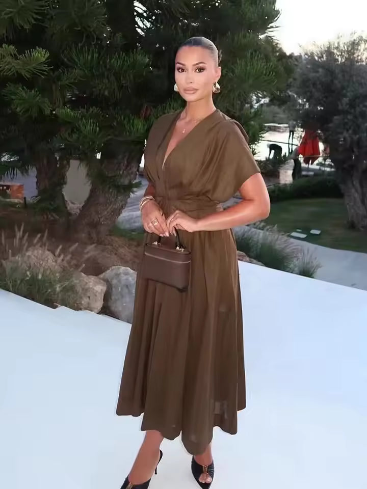 Elegant French V-Neck Pleated Midi Dress for Women - Chic Short Sleeve High-Waist Office Lady Work Dress 2026