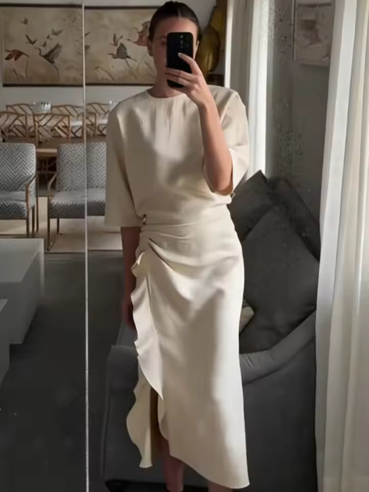 2026 Minimalist Solid Round Neck Pleated Midi Dress - Women's Sexy Slimming Waist Dress with Side Zipper Detail