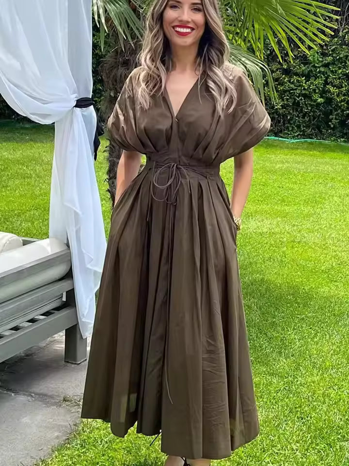 Elegant French V-Neck Pleated Midi Dress for Women - Chic Short Sleeve High-Waist Office Lady Work Dress 2026