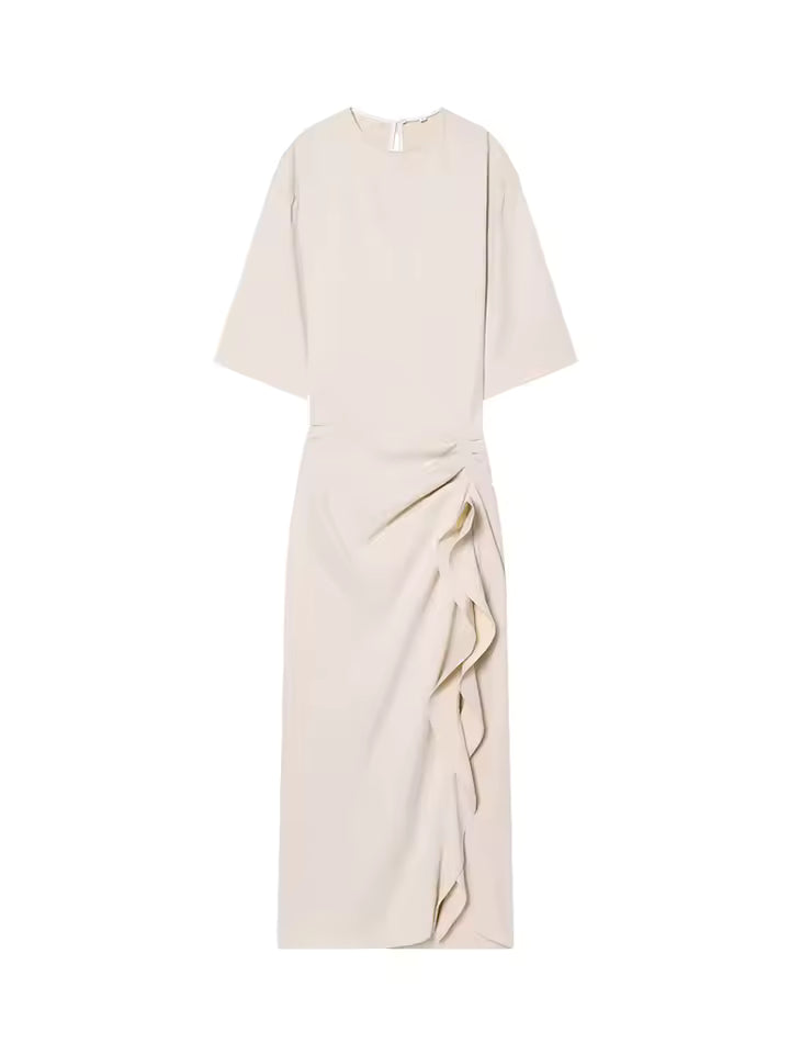 2026 Minimalist Solid Round Neck Pleated Midi Dress - Women's Sexy Slimming Waist Dress with Side Zipper Detail