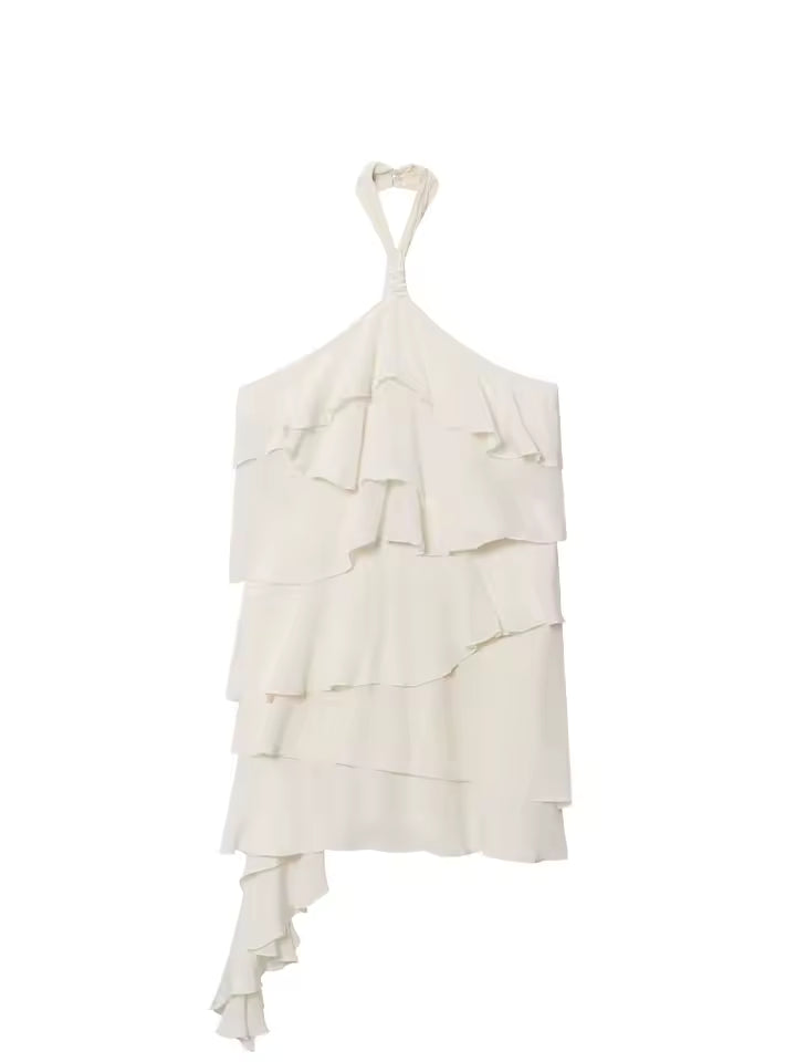 Summer Halter Neck Backless Mini Dress for Women - Sexy Sleeveless Tiered Layered Ruffle Sundress with Zipper - Elegant Solid Color Chic Party Dress