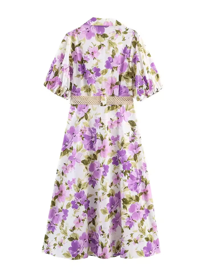 2026 Summer Boho Purple Floral Print Long Dress for Women - Chic Short Sleeve Belted Maxi Dress with Single-Breasted Lapel