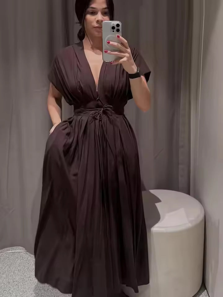 Elegant French V-Neck Pleated Midi Dress for Women - Chic Short Sleeve High-Waist Office Lady Work Dress 2026