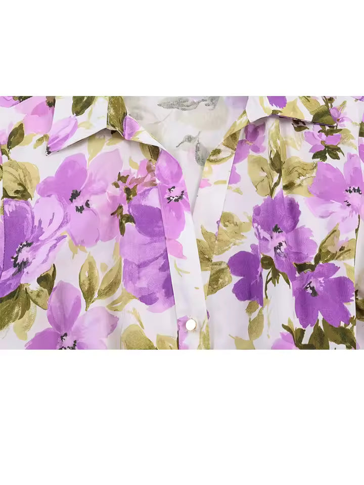 2026 Summer Boho Purple Floral Print Long Dress for Women - Chic Short Sleeve Belted Maxi Dress with Single-Breasted Lapel