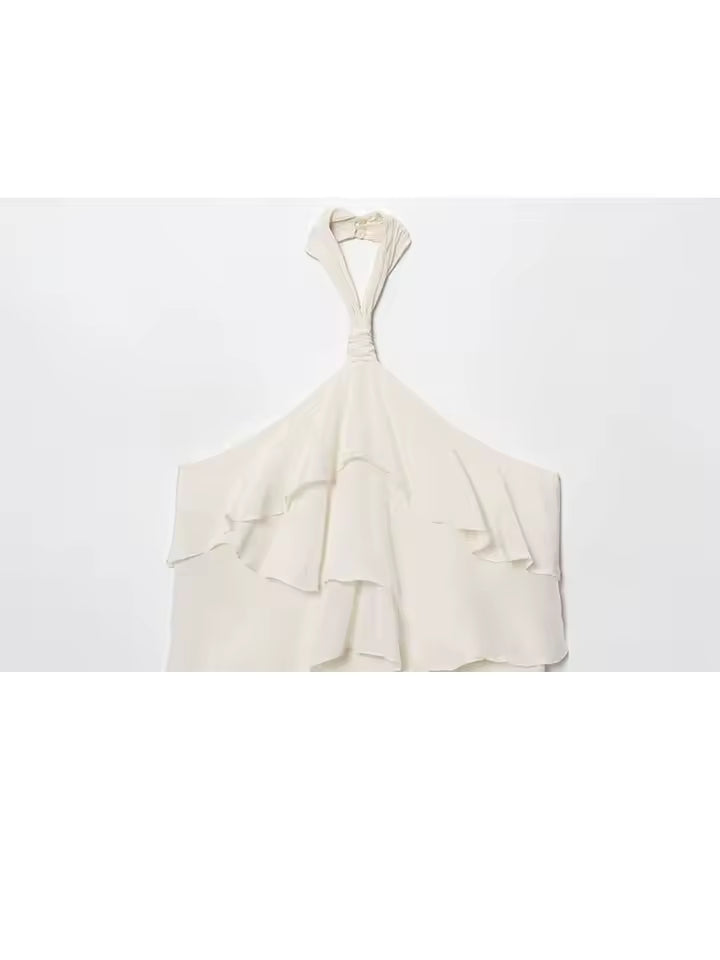 Summer Halter Neck Backless Mini Dress for Women - Sexy Sleeveless Tiered Layered Ruffle Sundress with Zipper - Elegant Solid Color Chic Party Dress