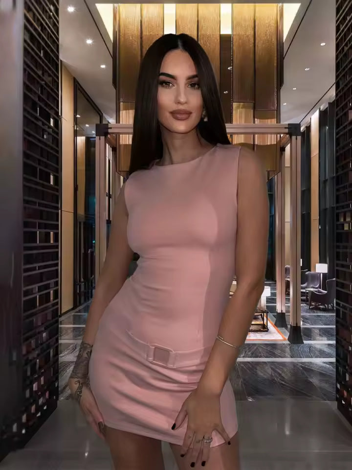 2026 Spring Sleeveless Mini Dress for Women - Round Neck Belted Slim Fit Dress - Elegant Chic Party Sundress in 3 Colors