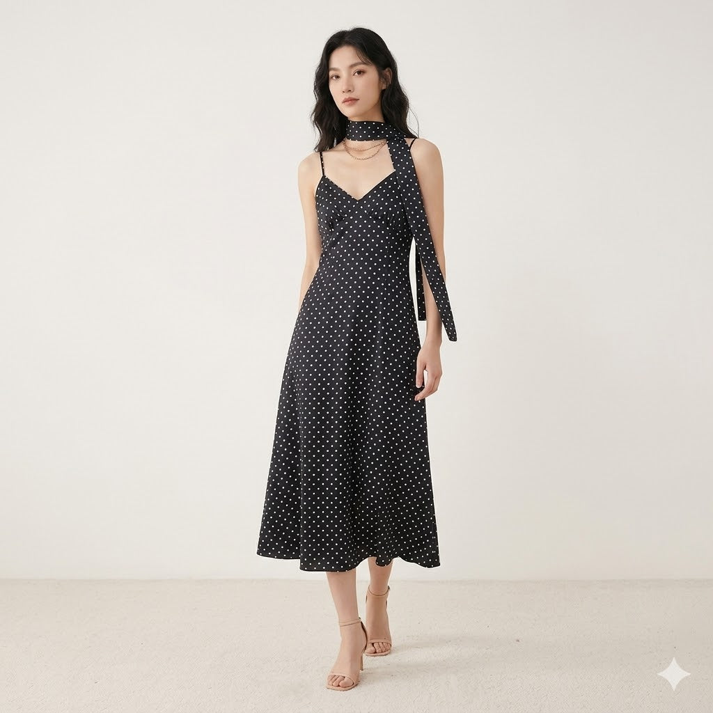 Women's Summer Polka Dot Suspender Dress with Scarf - Sexy Backless Sleeveless Elegant Dress, Sweet Casual Sundress 2026