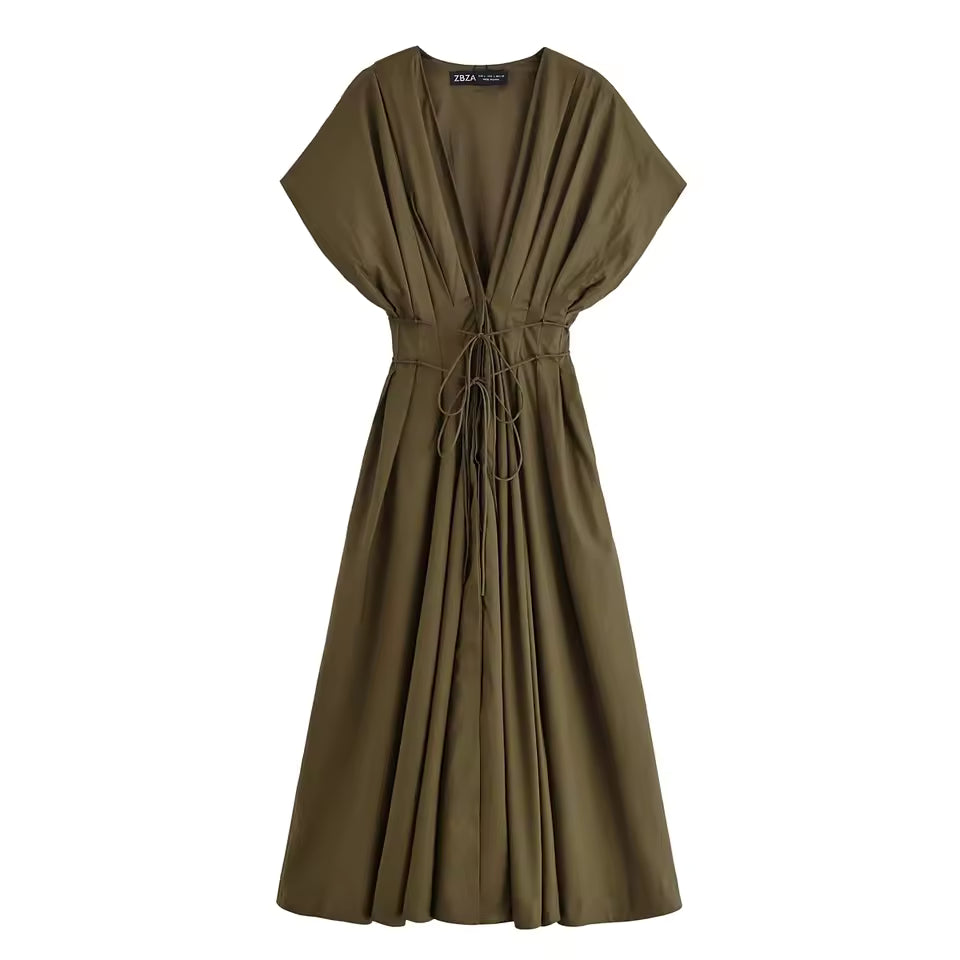 Elegant French V-Neck Pleated Midi Dress for Women - Chic Short Sleeve High-Waist Office Lady Work Dress 2026