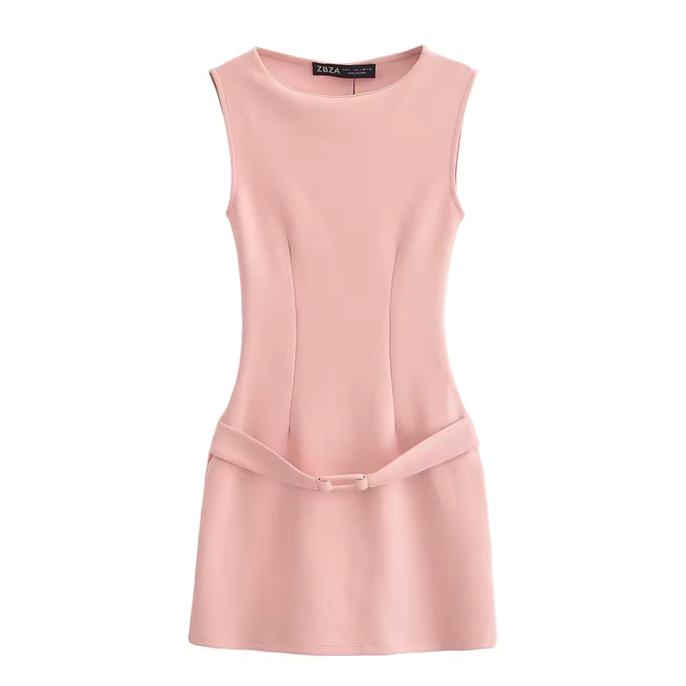 2026 Spring Sleeveless Mini Dress for Women - Round Neck Belted Slim Fit Dress - Elegant Chic Party Sundress in 3 Colors