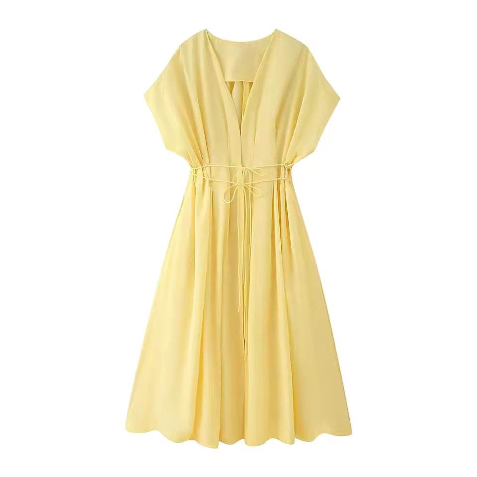 Elegant French V-Neck Pleated Midi Dress for Women - Chic Short Sleeve High-Waist Office Lady Work Dress 2026