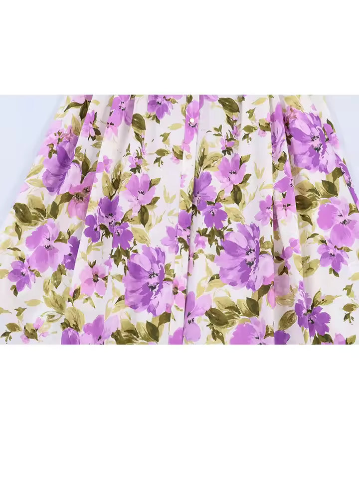 2026 Summer Boho Purple Floral Print Long Dress for Women - Chic Short Sleeve Belted Maxi Dress with Single-Breasted Lapel