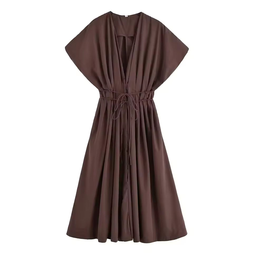 Elegant French V-Neck Pleated Midi Dress for Women - Chic Short Sleeve High-Waist Office Lady Work Dress 2026
