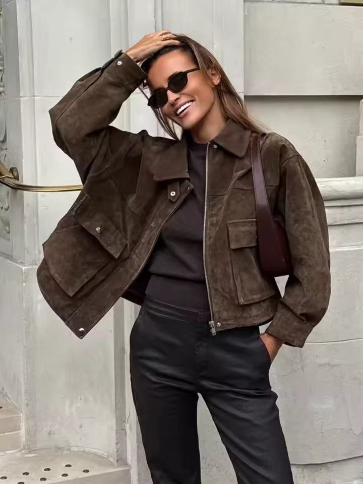 2026 Autumn Utility Jacket for Women - Elegant Turn-Down Collar Long Sleeve Coat - Casual Chic Solid Jacket with Pockets & Zipper Closure