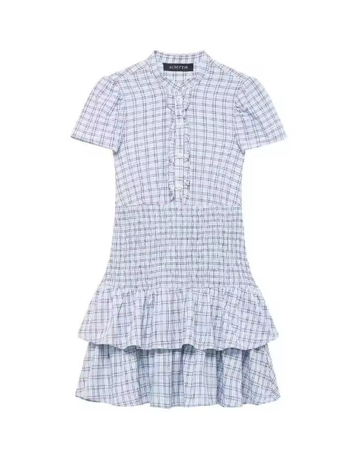 Women's Casual Lace Patchwork Tiered Mini Dress - Short Sleeve Round Neck Versatile Commuting Dress, 2026 Spring Fashion