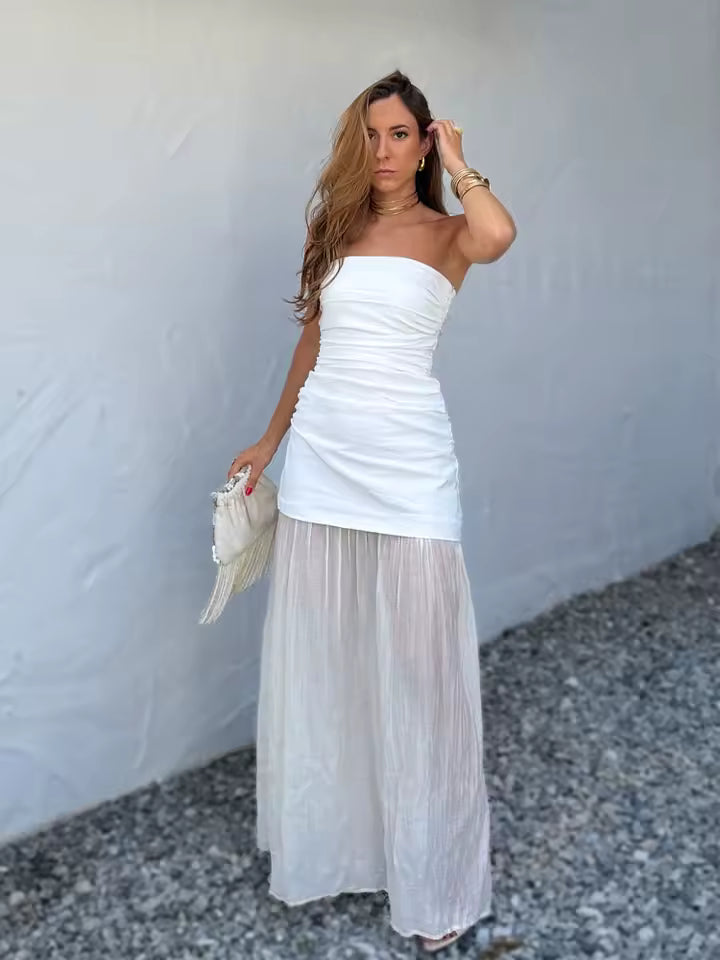 Summer Strapless Midi Tube Dress for Women - Sexy Side Zipper Pleated Splice Dress - Elegant White & Beige Vacation Style Sundress