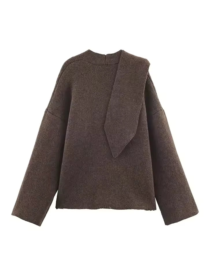 Chic Solid Color Scarf Collar Sweater - Women's Loose Cozy Knit Cardigan - Elegant Long Sleeve Winter Layering Top Mujer