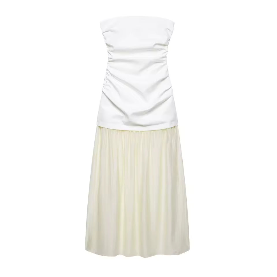 Summer Strapless Midi Tube Dress for Women - Sexy Side Zipper Pleated Splice Dress - Elegant White & Beige Vacation Style Sundress