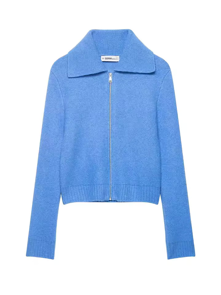Effortless Retro Vibe! 2026 Spring Knitted Zip-up Jacket | Chic Turn-down Collar Short Coat - Elegant Solid Soft Sweater for Daily Wear
