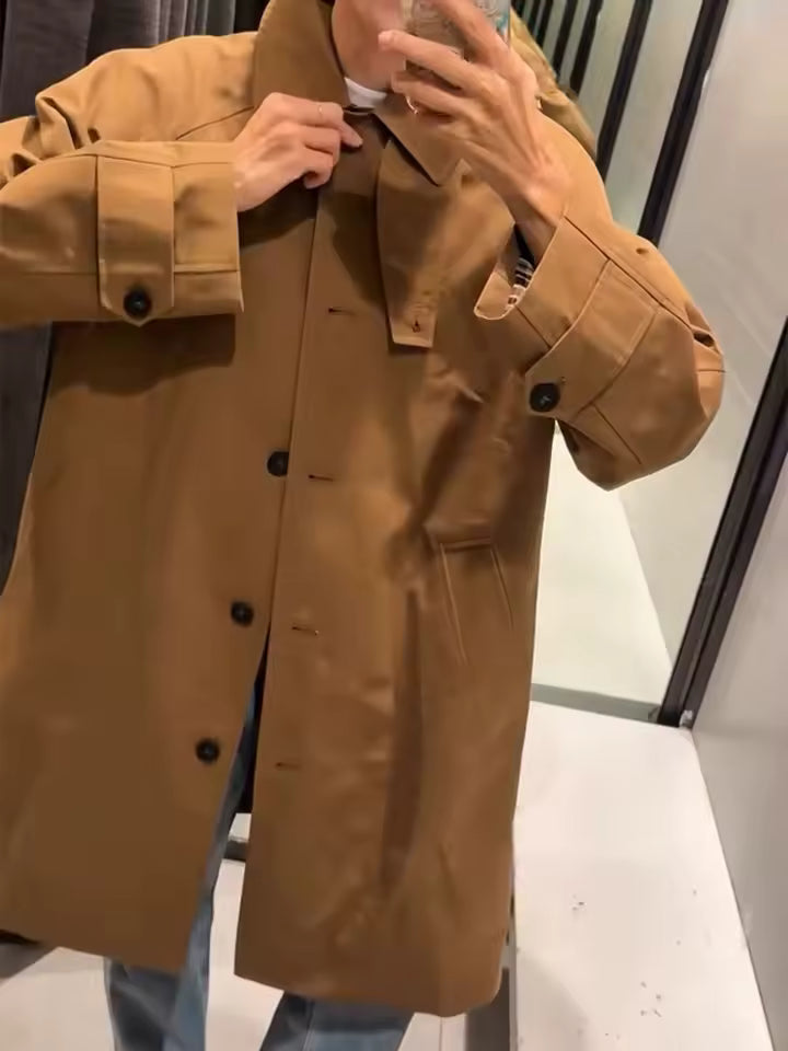 2026 Autumn Women's Notched Lapel Overcoat - Elegant Single-Breasted Slim Fit Jacket - Casual Solid Long Sleeve Coat with Side Pockets