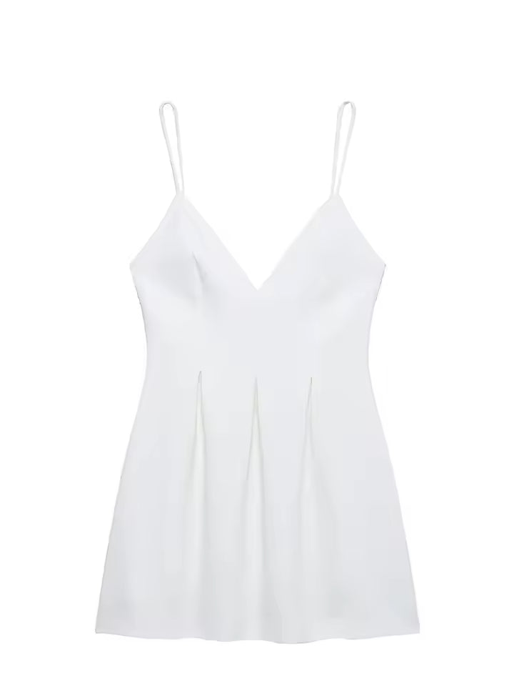 Summer V-Neck Mini Sling Dress for Women - Sexy Sleeveless Wide Swing Party Dress - High Street Solid Color Short Dress with Zipper