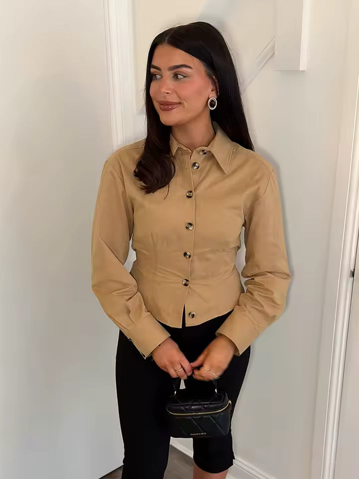 2026 Spring Slim Fit Solid Turn-down Collar Shirt Women French Vintage Long Sleeve Single Breasted Casual Blouse High Street Office Lady Crop Top