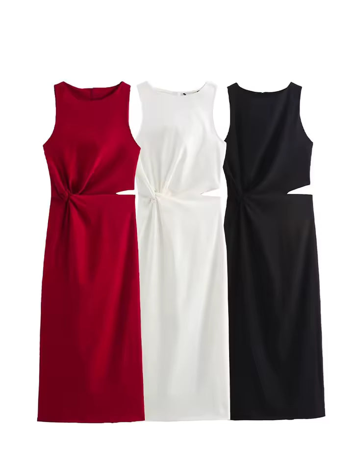 Summer Cutout Waist Midi Dress for Women - Sexy Sleeveless Crew Neck Ruched Party Dress - Slim Fit Back Zipper Elegant Chic Sundress