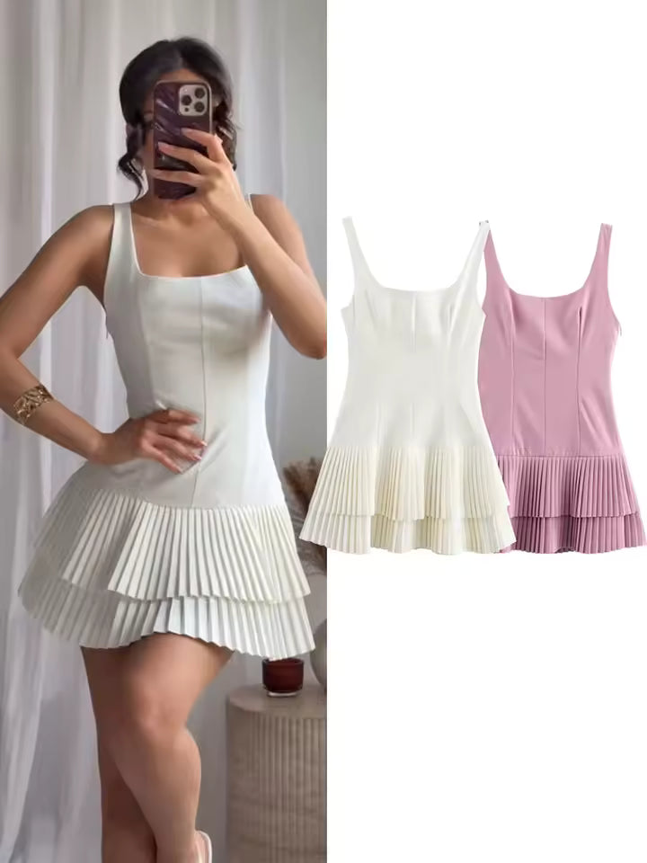 Summer Square Neck Sleeveless Mini Dress for Women - Chic High Street Pleated Sundress - Sexy Solid Slim Fit Short Casual Dress with Rear Zipper