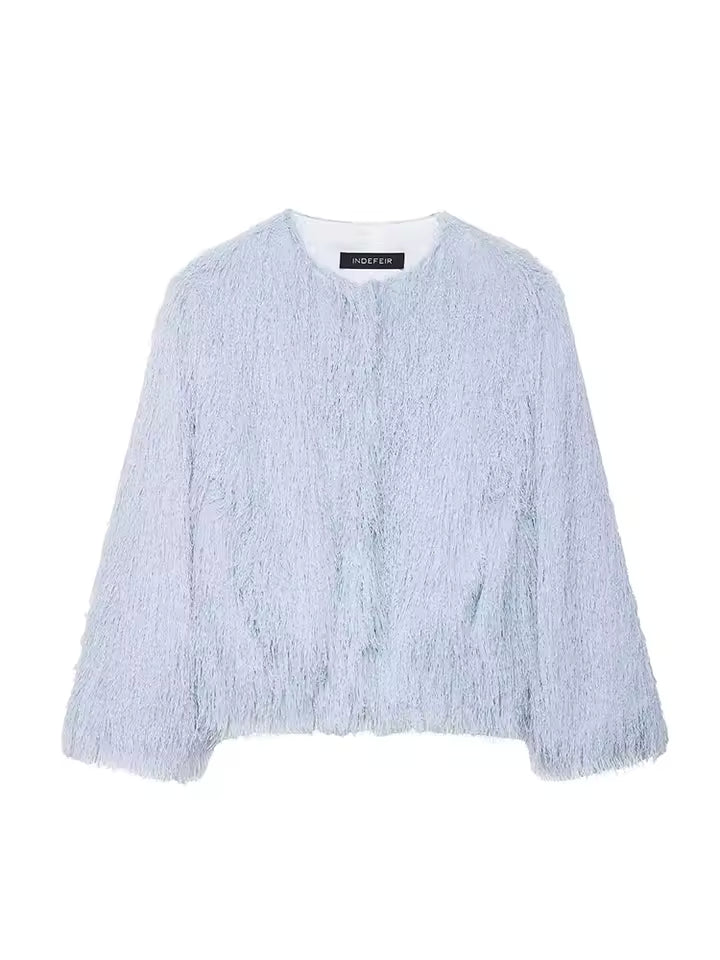 2026 Autumn Crew Neck Short Jacket for Women - Elegant Single-Breasted Long Sleeve Coat - Casual Solid High Street Outwear - Slim Fit Female Cardigan Jacket