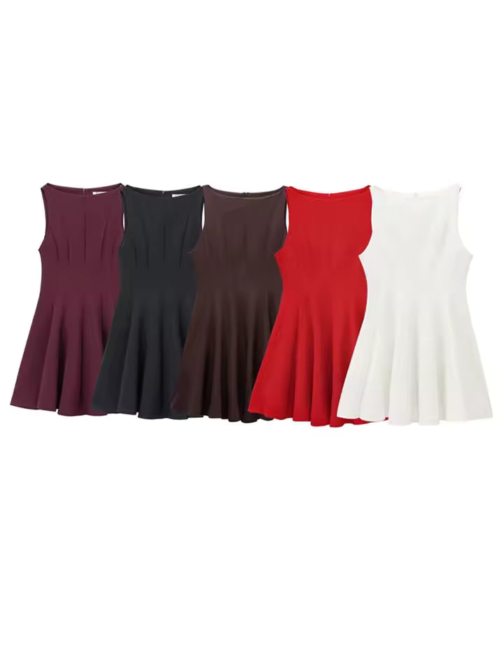 Summer High Street Pleated Mini Dress for Women - Sexy Sleeveless Solid Slim Fit Casual Dress - Chic Rear Zipper Short Sundress