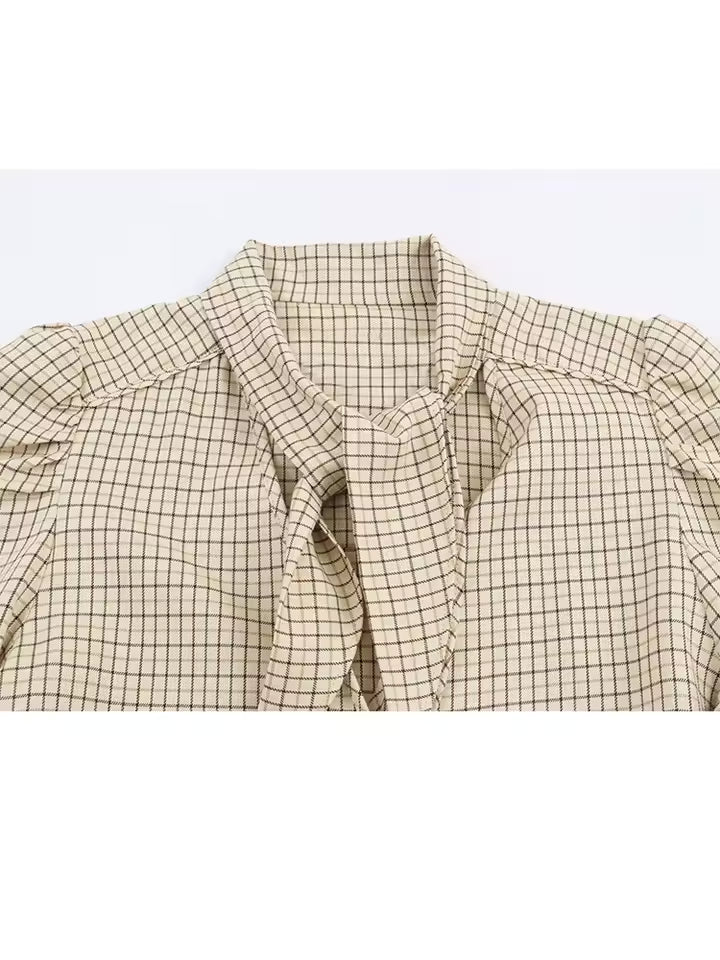 2026 Spring Plaid Blouse for Women - Elegant Bow Decoration Long Sleeve Shirt - Versatile Single-Breasted Lapel Top - Slim Fit Casual Blouse