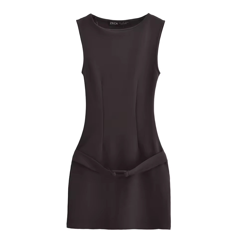 2026 Spring Sleeveless Mini Dress for Women - Round Neck Belted Slim Fit Dress - Elegant Chic Party Sundress in 3 Colors