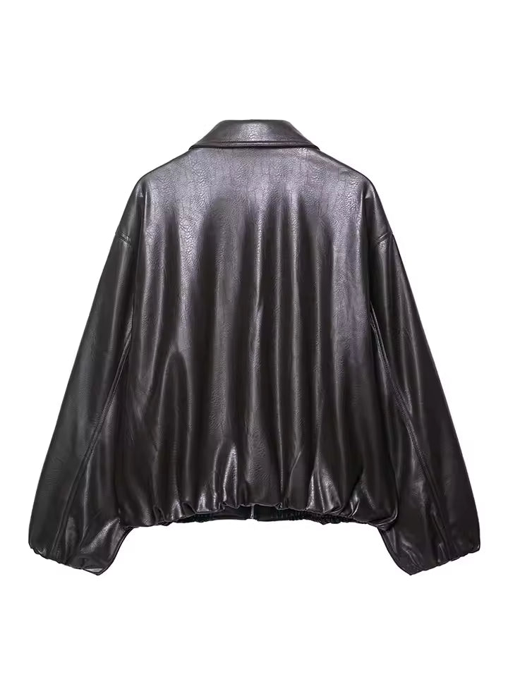 2026 Autumn Faux Leather Pilot Jacket for Women - Vintage Lapel Collar Bomber Coat - Casual Solid Zip-up Jacket with Pockets - Warm Fashion Outwear