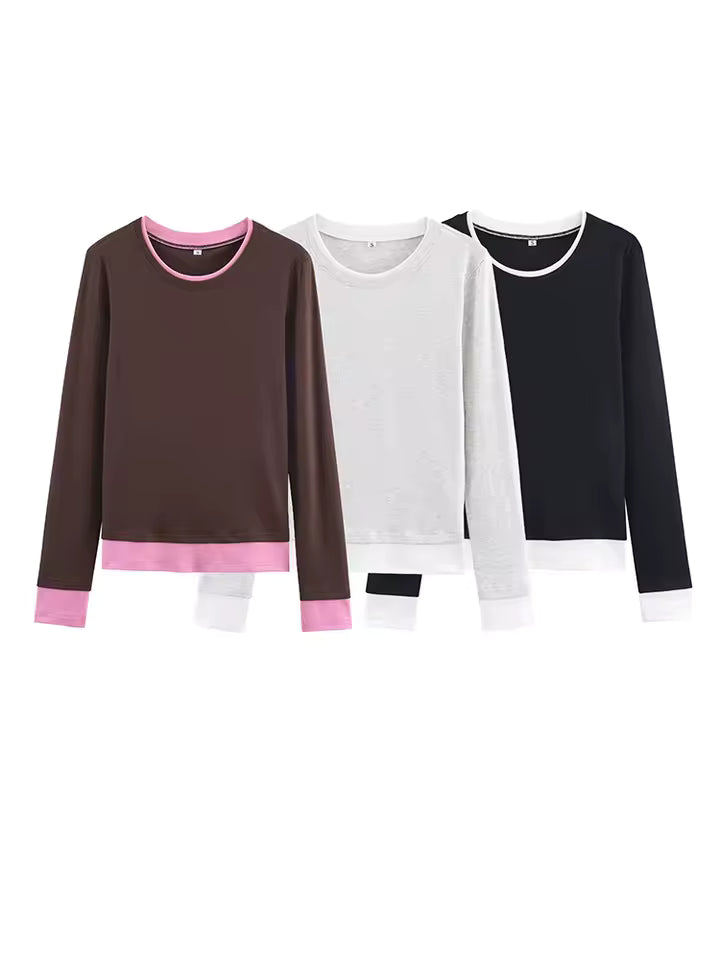 2026 Spring Slim Fit Contrast Color T-shirt Women 3-Color Round Neck Long Sleeve Top Female Casual Versatile Basic Tee