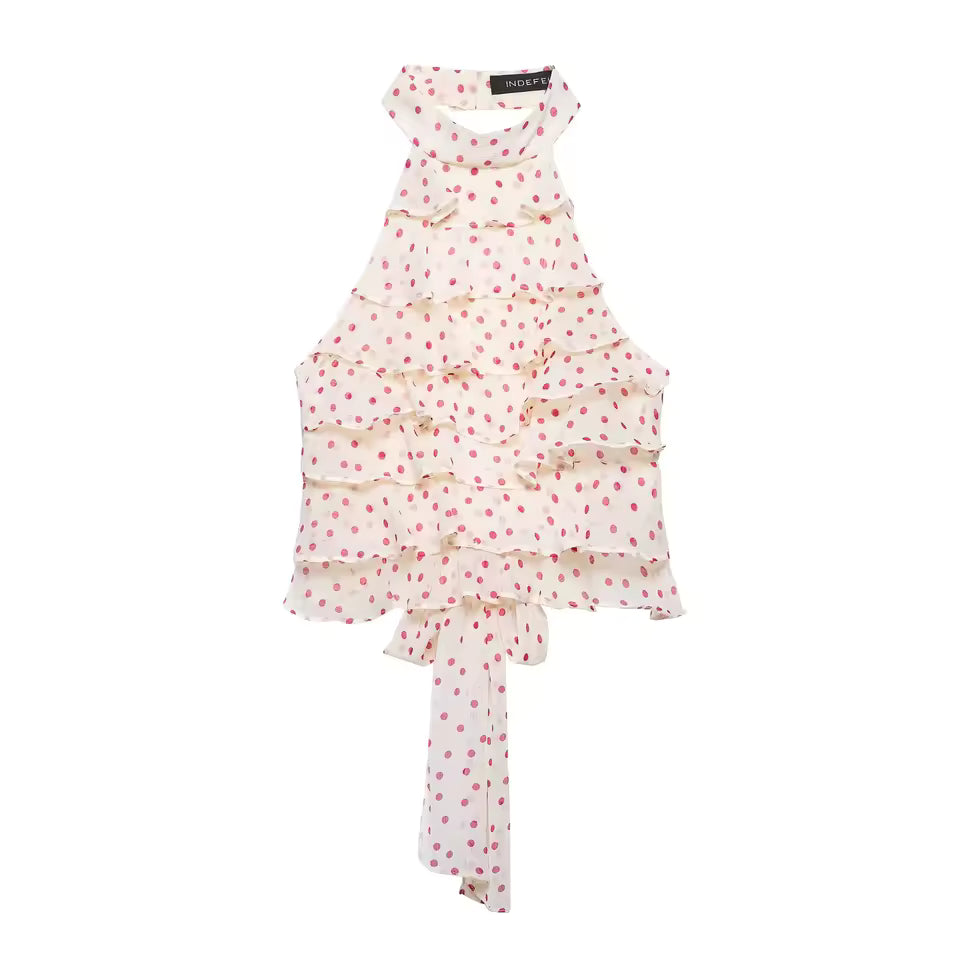 Summer Sexy Halter Neck Backless Top Women Chic Layered Pleated Decoration Sleeveless Crop Top Female Beach Holiday Outfits 2 Colors	针对“海边度假、露背、