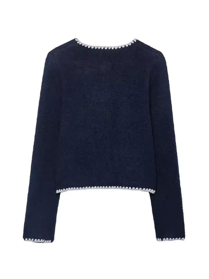Effortless Lady Style! 2026 Autumn Contrast Embroidered Knitwear | Chic Crew Neck Single-Breasted Cardigan - Slim Fit Retro Short Jacket for Daily Wear