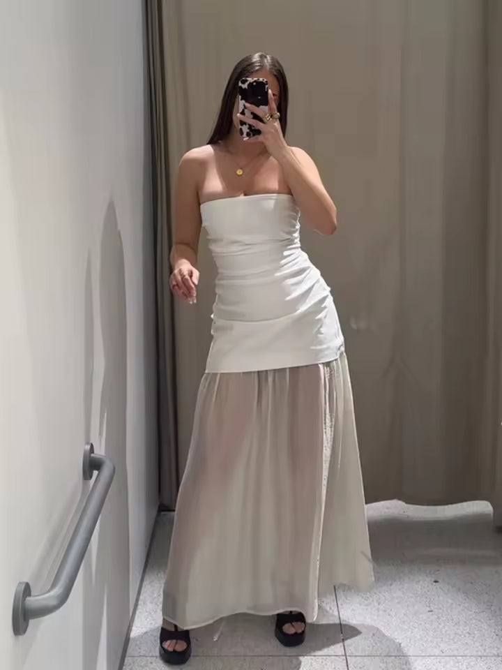 Summer Strapless Midi Tube Dress for Women - Sexy Side Zipper Pleated Splice Dress - Elegant White & Beige Vacation Style Sundress